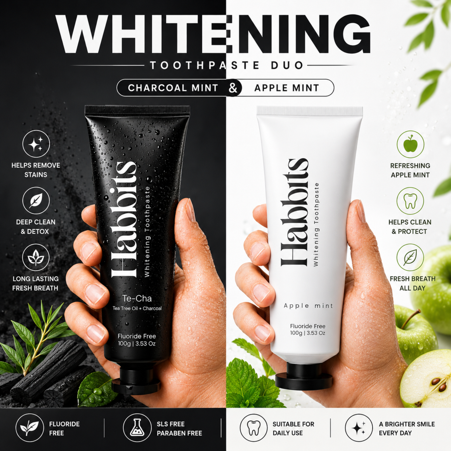 Natural Teeth Whitening Toothpaste Duo - Charcoal mint + Apple mint